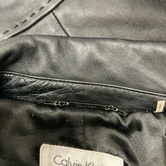 Calvin Klein Black Women's Snap Button Zip Genuine Leather Jacket Size L